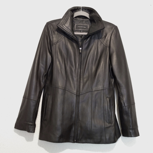 Jones New York Black Butter Soft Genuine Leather Pockets Lined Zip Jacket Sz M
